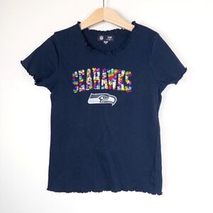 Girls Seattle Seahawks NFL Team Apparel Navy Blue Sequins T-Shirt‎ Size 7-8
